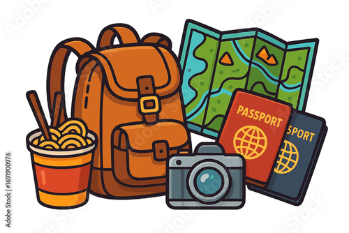 Travel adventure essentials for tourism and journey. Backpack, passport, map, camera for a vacation. Backpacking and hiking preparation concept. Vector cartoon illustration.