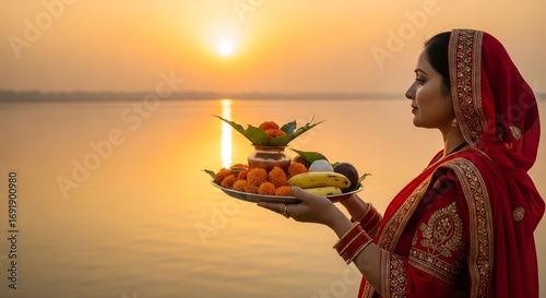 Indian woman in red saree offering puja thali with fruits, diya, and flowers during Chhath Puja at sunrise on riverbank, symbolizing devotion, spirituality, and Hindu cultural festival.