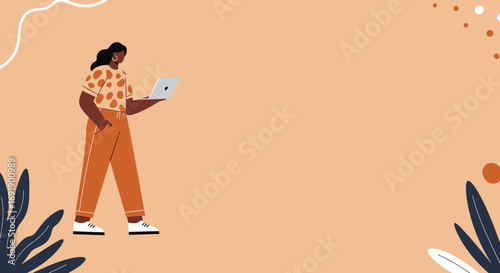 Modern illustration of a confident woman working remotely with her laptop. Ideal for business, technology, and freelance lifestyle concepts.