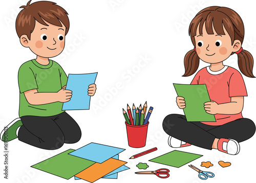 Children doing arts and crafts, creative kids making paper shapes, school activity with colored pencils and scissors, CAD drawing flat vector illustration