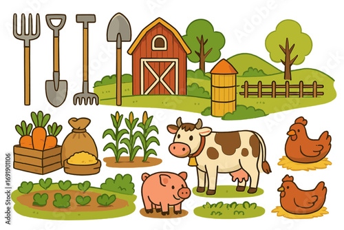 Farm life collection. Cute cartoon vector icons set. Agriculture elements with barn, cow, pig, chicken, and crops. Farming tools illustration. Rural countryside landscape.
