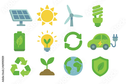 Set of eco friendly icons. Green energy and nature symbols. Renewable power concept with solar panel, wind turbine, electric car, and recycling sign. Vector illustration.