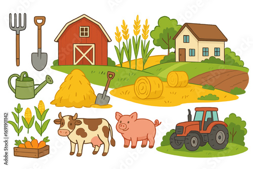Cartoon farm life elements collection. Vector illustration set with barn, tractor, cow, pig, livestock, crops and tools. Cute agriculture and rural country landscape icons.