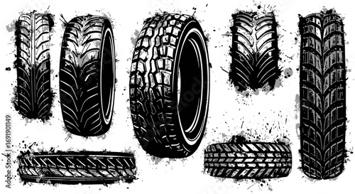 Diverse tire treads illustration with grunge effect, conveying power and performance