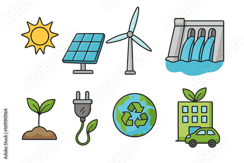 Renewable energy icon set with sun, solar panel, wind turbine, and hydro power. Sustainable and eco-friendly concepts like recycling, green building, and electric car.