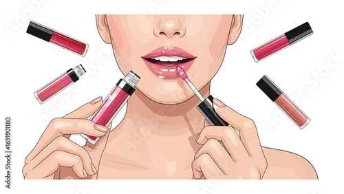 Close up of a woman s lips being applied with glossy lip gloss from a tube by her hands surrounded by other lip gloss applicators