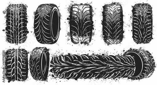 Dramatic vector illustration of various tire treads with dynamic grunge splatter
