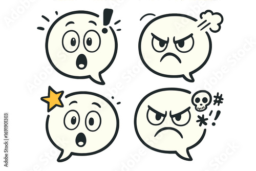 Speech bubble emoji set with angry and surprised face emotions. Vector cartoon characters. Comic doodle icon collection. Rage, cursing, swearing, shocked and wow expressions.
