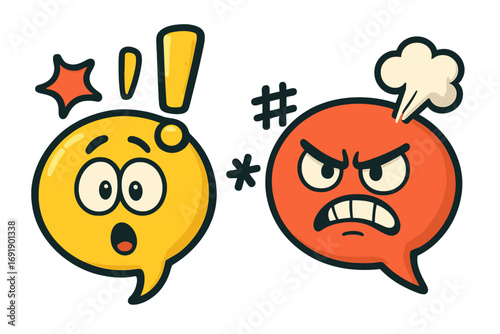 Angry and surprised speech bubble emoticons. Furious red face swearing at a shocked yellow face. Concept of conflict, argument, debate. Vector cartoon characters for chat.