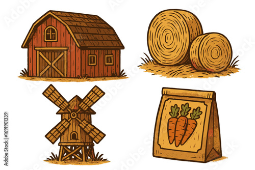Farm life vector set. Rustic cartoon illustrations of classic farming elements. Red barn, hay bales, windmill, and carrot seed packet. Agriculture and countryside concept.
