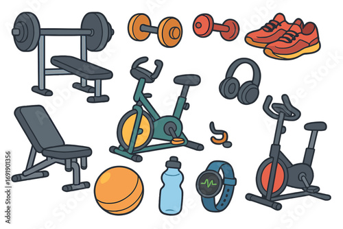 Fitness equipment and sport accessories vector icon set. Stationary bike, dumbbell, barbell, workout bench and smartwatch for gym training. Healthy lifestyle and exercise.