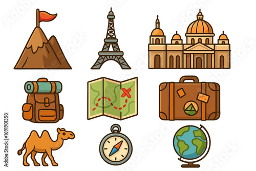 Travel icon set for adventure and exploration. Famous landmarks like the Eiffel Tower and a cathedral. Journey essentials: backpack, map, compass, suitcase. Vector cartoon.