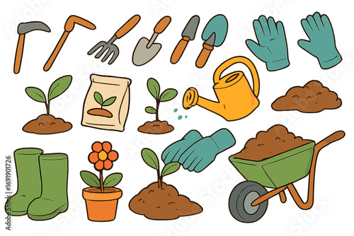 Gardening tools set vector illustration. Cartoon collection of garden equipment icons. Shovel, rake, watering can, plant seedling, boots, gloves. Flat design farming elements.