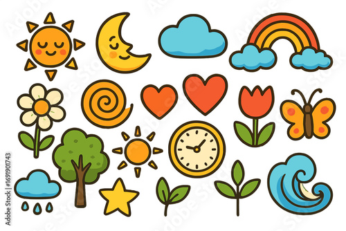 Cute cartoon nature icon set. Sun, moon, star, rainbow, cloud, flower, tree, butterfly, heart, and clock icons. Playful doodle collection for kids. Weather and love symbols.
