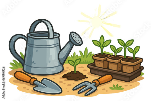 Gardening tools for planting seedlings in spring. Vector cartoon illustration of a watering can, trowel, and fork with young plants in pots. Hobby and agriculture concept.