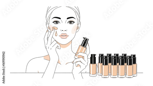 Artistic sketch of a woman applying foundation with a collection of liquid makeup bottles arranged on a surface for beauty and cosmetic advertising