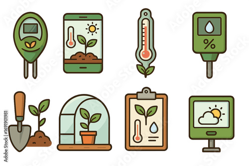 Gardening tools icon set for plant growth. Smart farming, agritech for monitoring greenhouse environment. Soil moisture meter, thermometer, weather station, app vector icons.