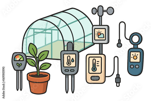 Smart farm equipment for greenhouse monitoring. Agriculture technology vector icon set. Plant growth sensors, soil tester, thermometer, hygrometer, anemometer, light meter.