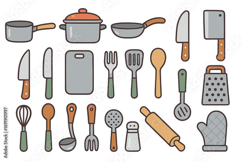 Kitchen tools and utensils icon set. Big collection of cookware and cooking equipment. Vector cartoon illustration for culinary, gastronomy, food preparation concepts.