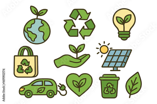 Eco friendly icons for sustainability and environment care. Green energy concept. Ecology, conservation, recycling symbol, solar panel, electric car, planet earth. Go green vector set.