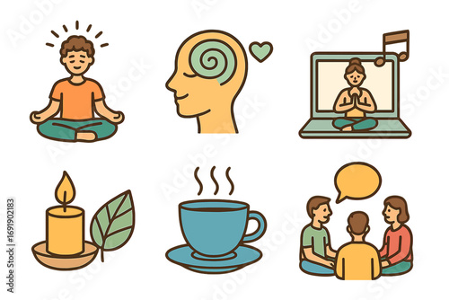 Mental health and wellness icon set. Mindfulness meditation, group therapy, online yoga class. Psychology symbols for relaxation, stress relief, calm, balance, and self-care.