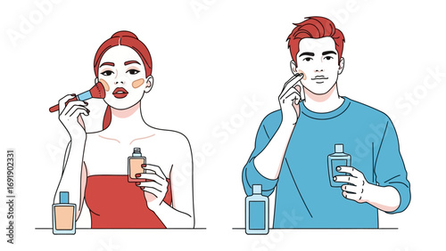 Modern diverse couple applying skincare products and makeup together in a clean minimalist studio setting