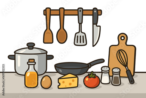 Kitchen utensils and ingredients for cooking. Vector cartoon illustration of cookware, food preparation on a countertop. Minimalist design with pot, pan, egg, and cheese.