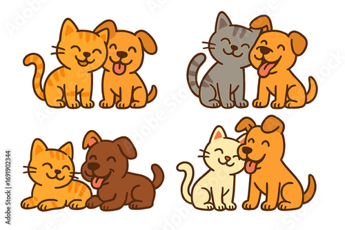 Cute cat and dog friendship vector set. Happy pets cuddling together. Cheerful cartoon illustration collection of kitten and puppy friends for adorable animal designs.