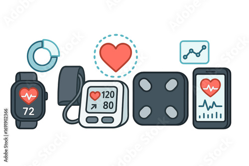 Digital health monitoring concept. Telemedicine vector icons. Smartwatch, blood pressure monitor, scale, phone with heart rate app. Wearable technology for fitness tracking.