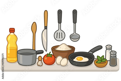 Cooking ingredients and kitchen utensils vector set. Food preparation concept. Pan with fried egg, flour, oil, tomato, basil. Cartoon illustration for recipe or menu design.