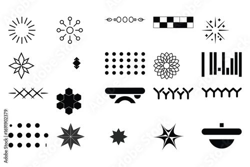 Retrofuturistic y2k geometry design elements compilation isolated on white background
