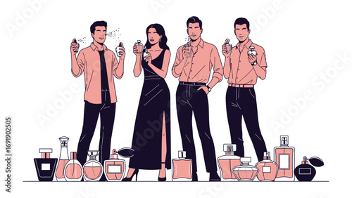 Stylish group of four diverse individuals elegantly dressed and holding perfume bottles surrounded by a collection of luxury fragrances on a white background