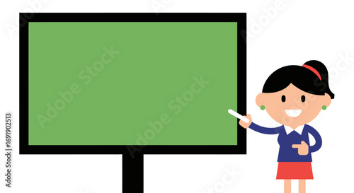 Happy teacher presenting on a green chalkboard
