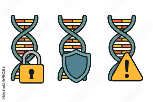 DNA security vector icon set. Genetic data privacy, gene protection, and genome risk concepts. Helix with lock, shield, and warning sign. Bioinformatics cartoon illustration.
