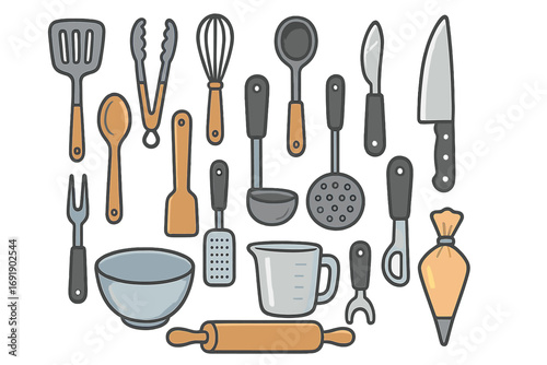 Kitchen utensils for cooking and baking. Vector illustration icon set. Culinary tools equipment collection with spatula, whisk, knife, spoon, bowl and rolling pin.