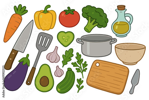 Big set of cooking ingredients and kitchen utensils for healthy meal prep. Fresh raw vegetables and cookware icons. Cartoon vector illustration for recipe or menu design.