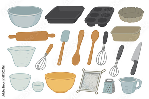 Vector collection of kitchen utensils for cooking and baking. Cartoon illustration set with rolling pin, whisk, mixing bowl, pan, and other bakery or pastry equipment icons.