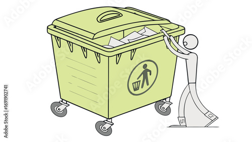 Trash bin with person pushing illustration for waste management and recycling concept  
