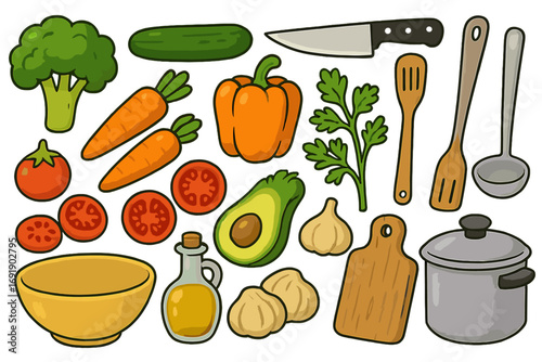 Healthy meal prep vector set. Cooking ingredients and kitchen utensils. Fresh vegetables, cartoon food illustration for diet, nutrition, recipe. Organic, vegetarian, vegan.