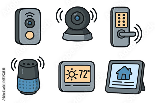 Smart home technology icon set. Home automation system devices for security and convenience. Vector cartoon icons of doorbell, camera, lock, speaker, thermostat, and hub.