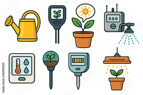 Smart gardening vector icon set. Tools for plant health care and monitoring growth. Soil moisture sensor, automated watering system, grow light. Agriculture technology concept.
