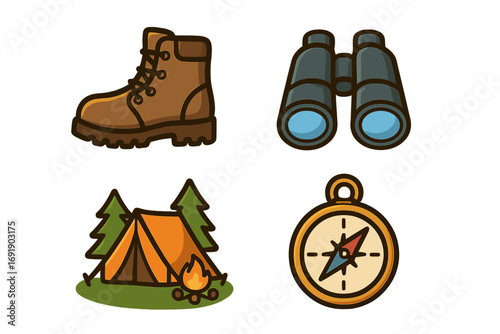 Set of camping and hiking icons. Outdoor adventure gear collection including boot, binoculars, tent with campfire, and compass. Vector cartoon illustration for travel and exploration.