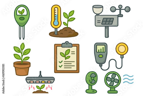 Smart farming vector icon set for plant health. Agriculture technology for growth monitoring. Includes soil meter, thermometer, grow light, weather station. Cartoon illustration.