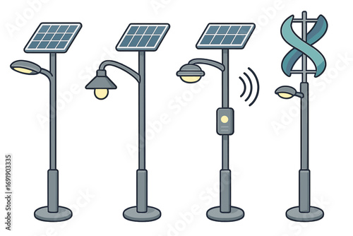 Set of innovative street lights with solar panels and wind turbine. Smart city technology, renewable energy concept. Eco-friendly urban lighting vector illustration collection.