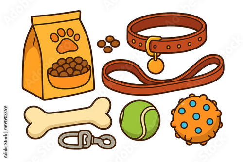 Pet care essentials vector cartoon with dog food bag, collar with tag, leash, bone, tennis ball, and chew toy, playful and organized pet accessories set illustration