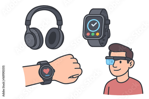 Wearable technology vector illustration set. Smartwatch with heart rate monitor for fitness, wireless headphones, and man wearing augmented reality smart glasses. Modern gadgets.