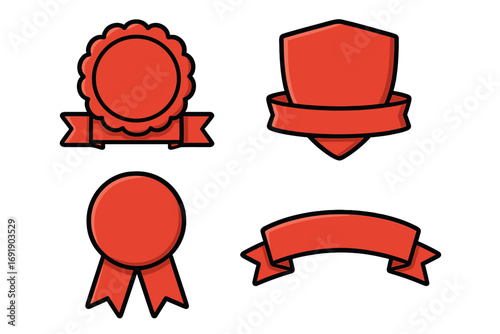 Red badge and ribbon designs set, vector cartoon illustration, digital branding elements, award labels, decorative flat icons for promotions and marketing projects