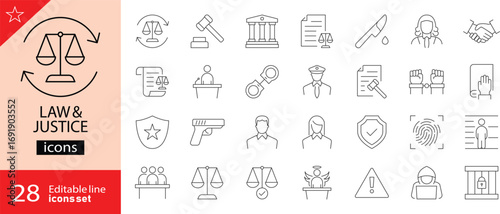 Law and justice icons set. Containing judge, court, legal, lawyer, judgement, jury, crime, prison, police, attorney, and gavel. Editable stroke. Outline icons. Vector illustration.