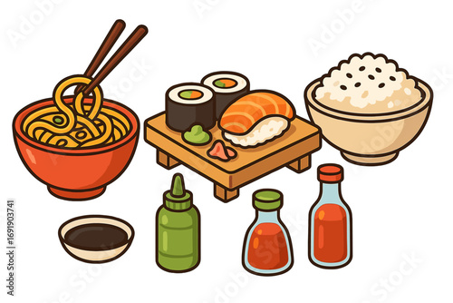 Japanese food collection vector illustration. Cartoon icon set of sushi, ramen noodle bowl, and rice. Asian cuisine with soy sauce, wasabi, and chopsticks. Isolated.