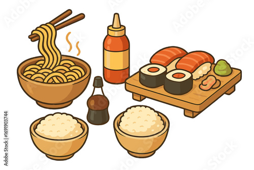 Asian food set with ramen noodles, sushi, and rice bowls. Japanese and Chinese cuisine vector cartoon illustration. Meal collection with nigiri, maki, and condiments for menu.